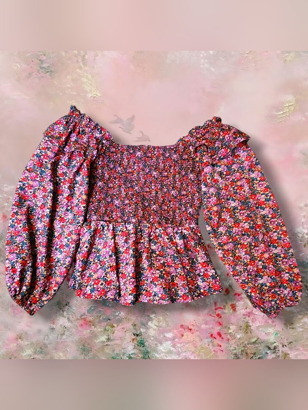 entro Pink Floral Smocked Peplum Blouse